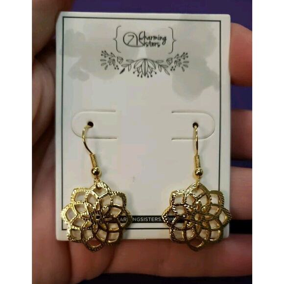 Gold Plated Brass Dangle Earrings Puffy Flower Textured Open Work Design New - Picture 3 of 7